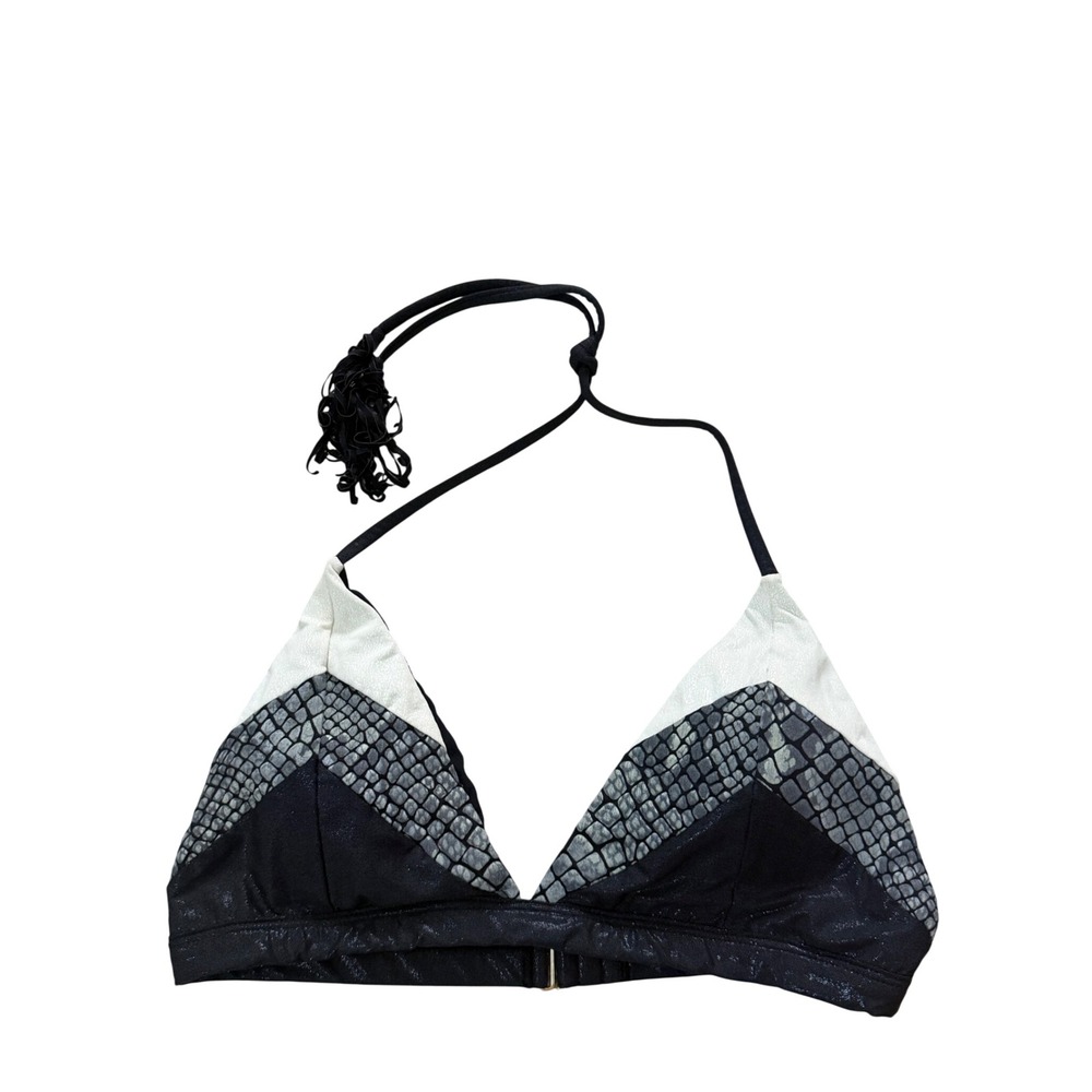 PilyQ Women Large Black White Snakeskin Chevron Tassel Halter Bikini Top L